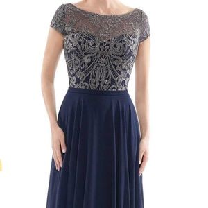 Rina Di Montella RD2719 Navy Sheer Neck Embroidered Bodice Chiffon Gown